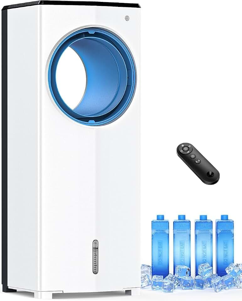 Windowless Air Conditioner, 27" Bladeless Evaporative Air Cooler with 4 Modes & 3 Speeds, Double Tanks for 24H Cooling, 25FT Remote, 7H Timer, 360° Swing Portable Swamp Cooler Air Conditioner