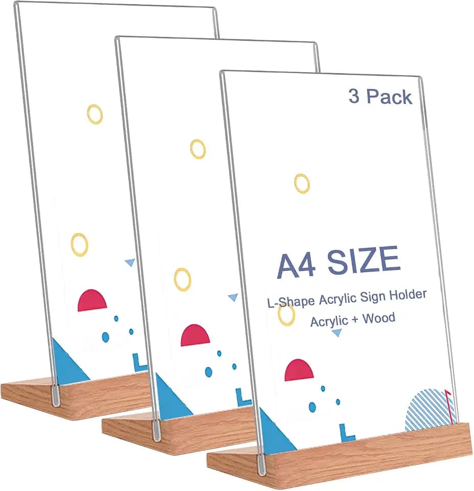3 Stück Aufsteller A4 mit Holz Sockelboden, Acryl Tischaufsteller für Poster, Flyer, Speisekarten, L-Ständer für Werbeaufsteller, Restaurant, Theke (A4-Vertikal-Klar)
