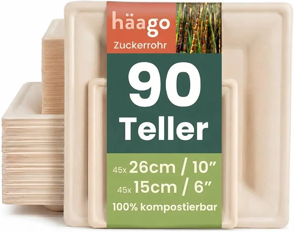 HAAGO 90 Extra Stabile Kompostierbare Zuckerrohr Teller, 25cm & 18cm Eckig – Fett- & Auslaufsichere Pappteller – Biologisch Abbaubare Partyteller, Einwegteller für Grillparty, Hochzeiten, Geburtstage
