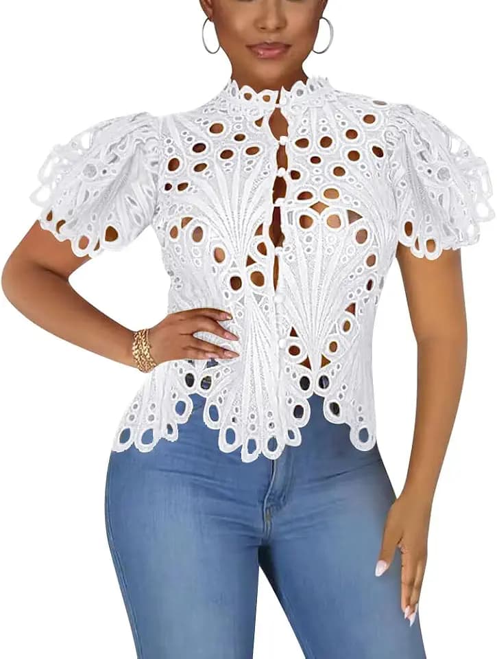 Womens Sexy Lace Ruffle Puff Button Down Tops