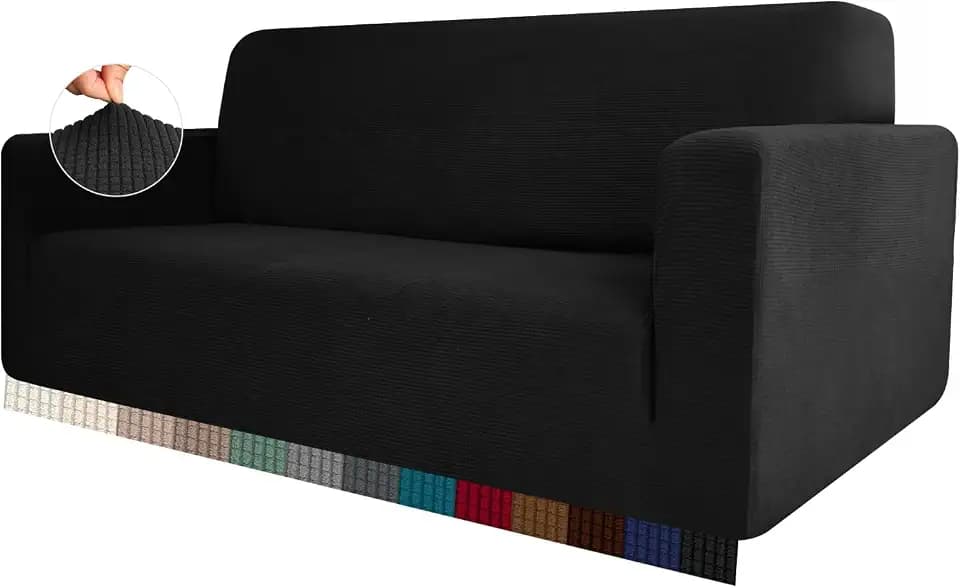 Stretch Sofabezug 1 Stück Sofahusse Spandex Jacquard Elastische Couchbezug mit Anti-Rutsch-Schaumstoffe (L-förmiges Ecksofa erfordert Zwei) - 3 Seater, Schwarz
