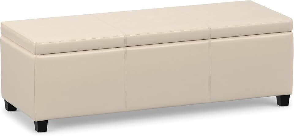 SIMPLIHOME Avalon 48" Wide Vegan Leather Storage Ottoman in Satin Cream