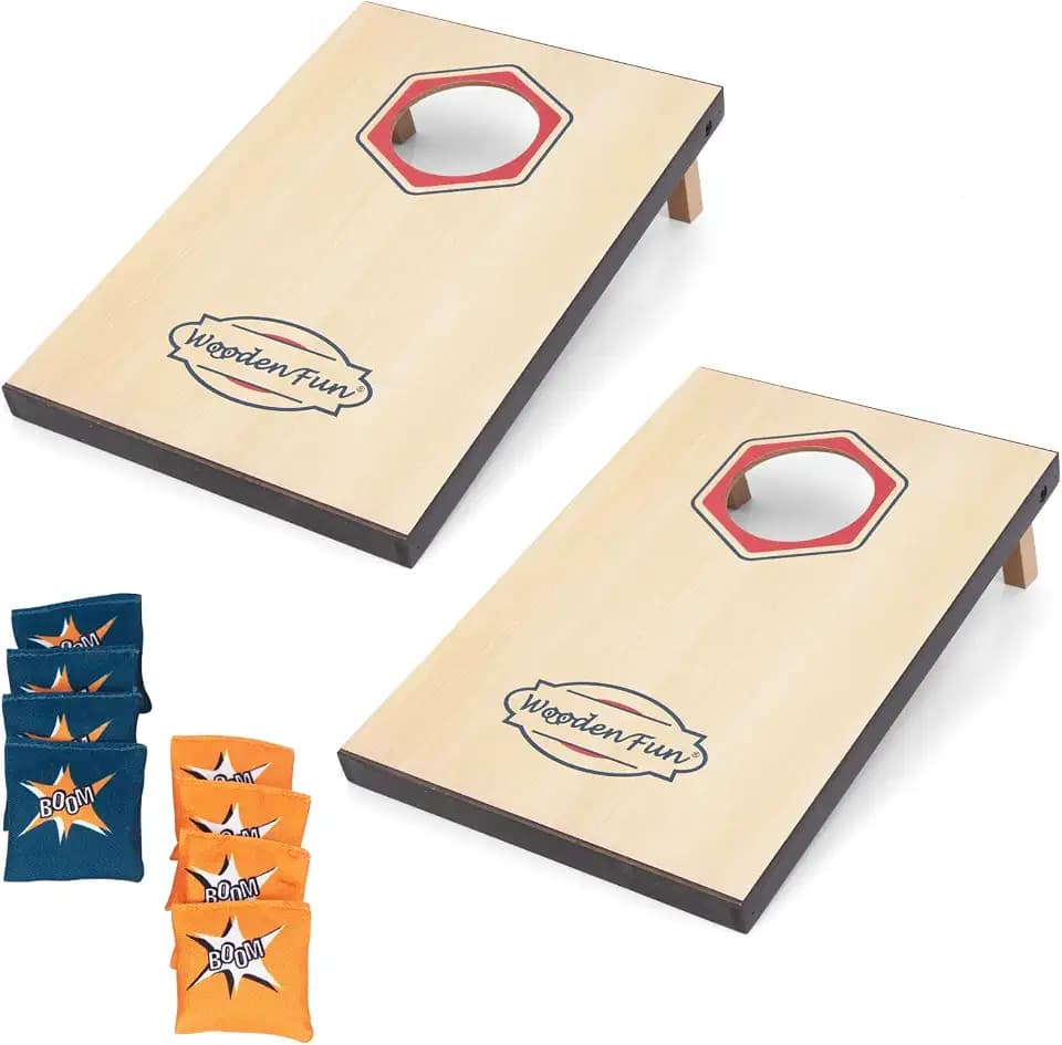 WOODENFUN Kompaktes Cornhole Set 2 Brettern & 8 Sandsäcken Strandwurfspiel für alle ab 3 J(Kleine Größe)