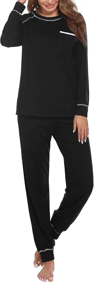 Ekouaer Schlafanzug Damen Lang Baumwolle Pyjama Set Langarm Schlafanzüge für Damen Winter Nachtwäsche mit Rundhals S-XXL