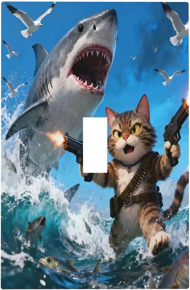 Decorative Light Switch Cover Plate Funky Cat Shark Ocean Sea Wave 1 Gang Single Toggle Wall Plates for Electrical Outlet Covers Switch Plate Covers Faceplate for Bedroom Home Decor