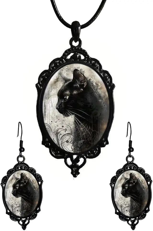 Gothic Crow Cat Rose Witch Bat Earrings Necklace Set Gothic Crystal Glass Cameo Earrings Necklace Goth Victorian Necklace Earring Vintage Satan Devil Halloween Jewelry for Women