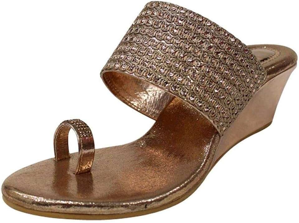 Stop n Style Rose Gold Traditional Indian Sandal Handmade Ladies Wedge Heeled Ethnic Sandals