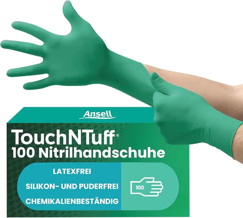 Ansell TouchNTuff 92-600,Nitril- Einmalhandschuhe, Einweghandschuhe für Lebensmittel, Chemikalienschutzhandschuhe mit hohem Schutz, Latexfreie Handschuhe, Grüne Nitrilhandschuhe, 100 Stück, Gr. L