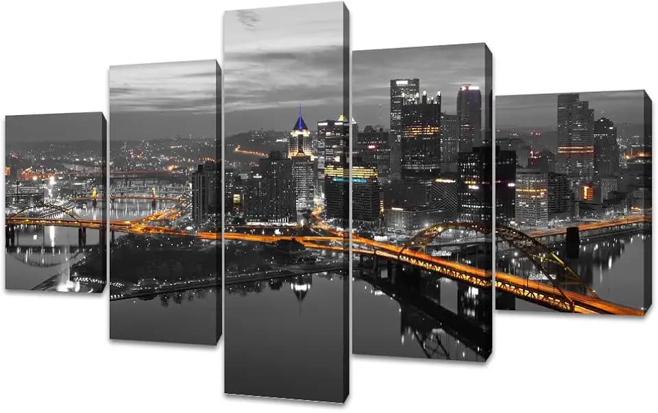 TUMOVO Pittsburgh Skyline Black and White Wall Art Pennsylvania Downtown Panorama Cityscape Home Decor 5 Piece Wall Decorations for Living Room, Bathroom, Office Framed Ready to Hang (60" Wx 32" H)