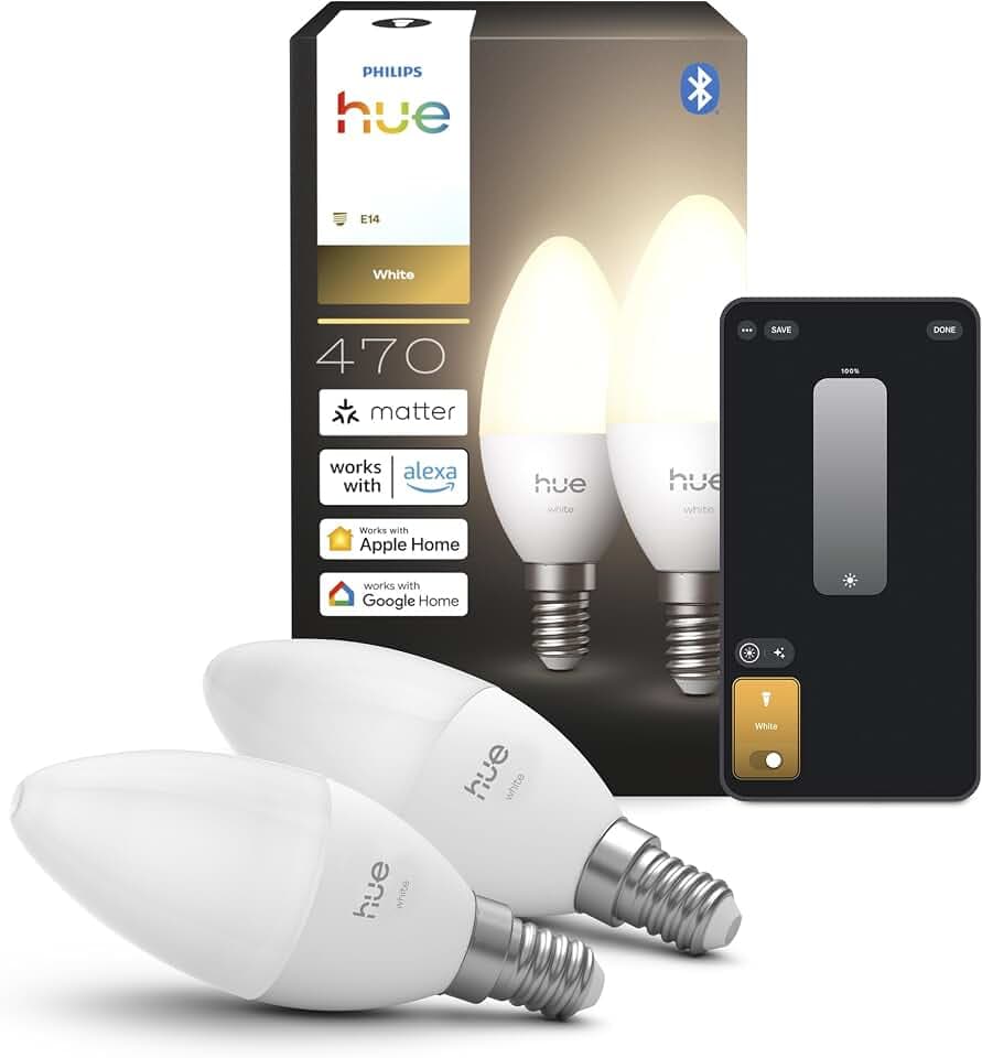 Philips Hue Smart LED-Leuchtmittel, B39, E14, 2er Pack, Warmes Weißlicht 2.700 K, 470 lm, Niedrig Dimmbar, Alexa, Google Home, Apple Home