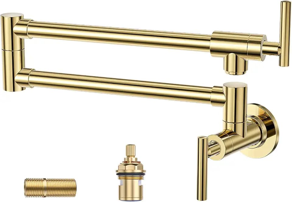 WOWOW Pot Filler Faucet Polished Brass, Kitchen Pot Filler Wall Mount Stove Faucet with Double Joint Swing Arms
