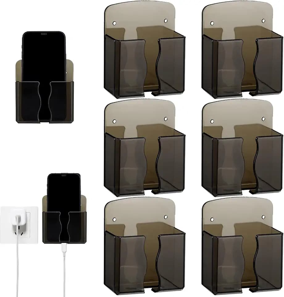 Geelin 6 Pcs Wall Mounted Phone Holder Self Adhesive Cell Phone Stand with Charging Hole Acrylic Remote Control Stand Bedside Organizer for RV Bed Desk Shower Most Smartphone(Black,Classic Style)