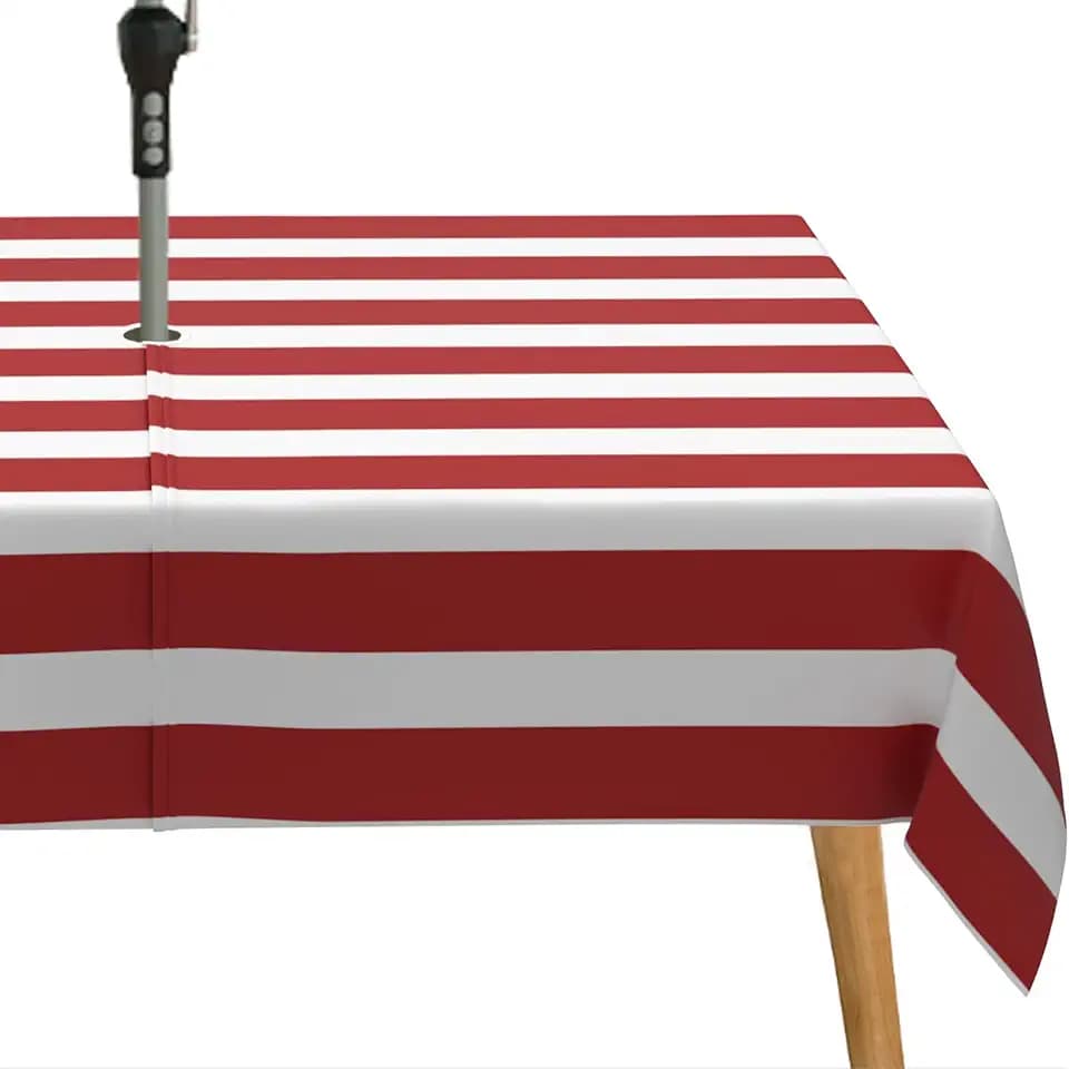 Red Strips Print Outdoor Tablecloth with Umbrella Hole for Rectangle Table, Waterproof Navy Blue Patio Table Cloth with Zipper - 60 x 120 inches
