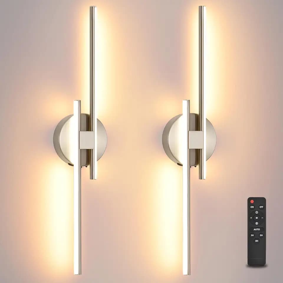 Battery Operated Wall Sconce Set of 2, Brushed Nickel 23.6" 3000K-6500K Dimmable Wall Sconces with Remote Control, Wireless Wall Light Rechargeable for Bedroom Hallway Living Room Background