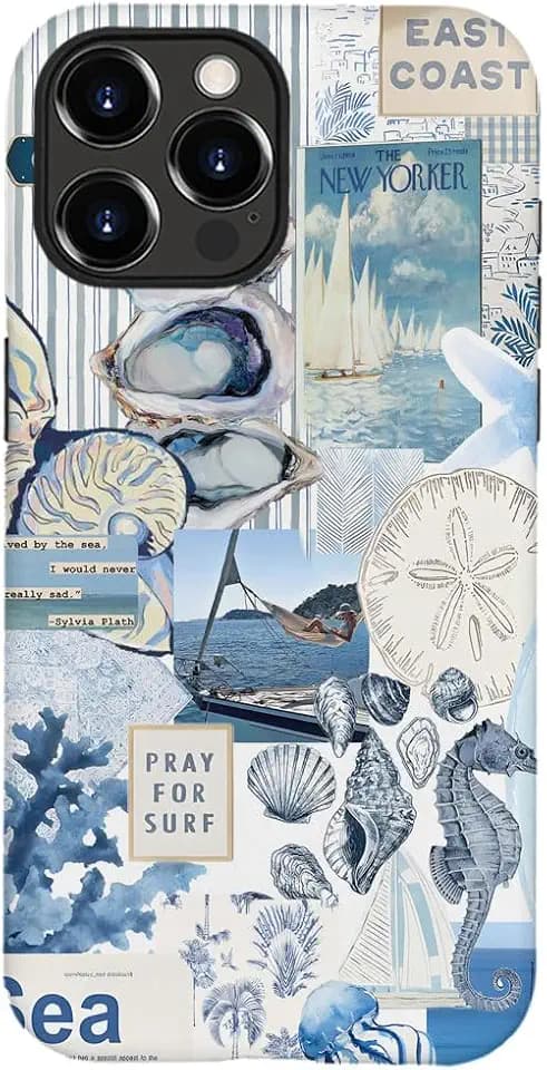 Compatible with for iPhone 15 Pro Max,Vintage Seashell Ocean Blue Collage Phone Case for Girl Women Boy Men,Scratch Resistant Shockproof Cover Case for iPhone 15 Pro Max