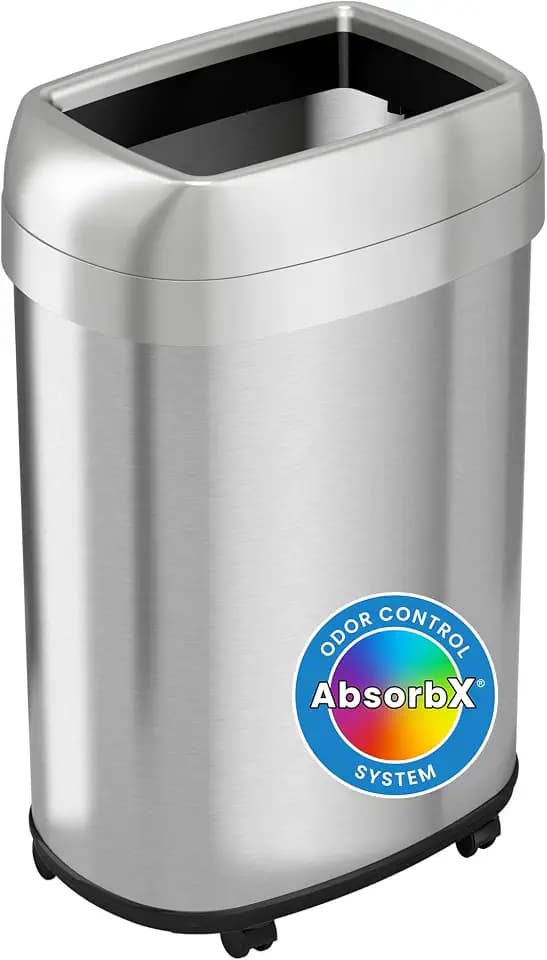 iTouchless 13 Gallon Open Top Kitchen Trash Can Recycling Bin with Wheels and Double Odor Filters Oval Commercial Stainless Steel 50 Liter Trashcan for Home Office Work Bedroom Livingroom Garage