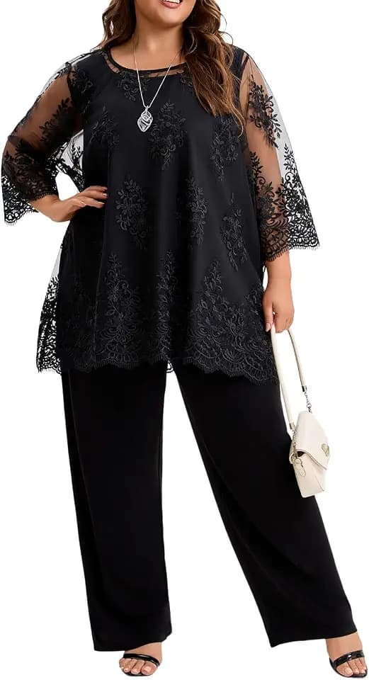 Plus Size Mother of The Bride Pantsuit Outfit Elegant Lace Embroidered 2 Piece Womens Formal Wear for Wedding Guest