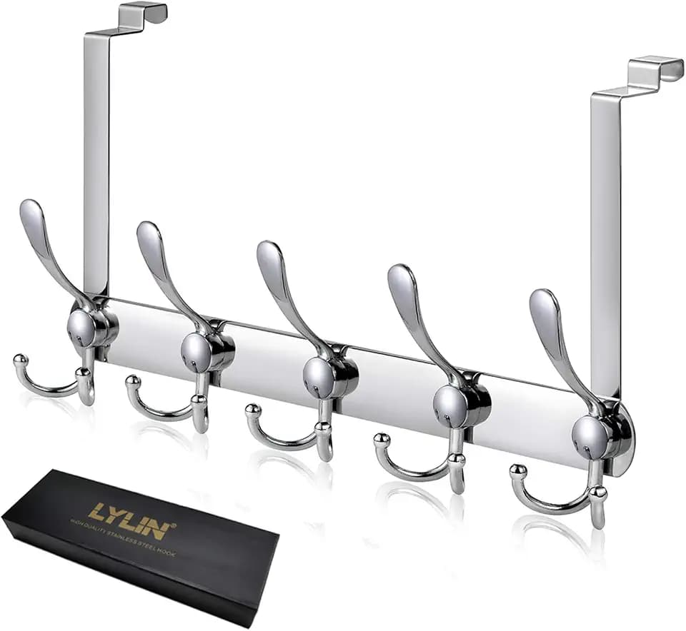 LYLIN Türhaken für die Rückseite, Türgarderobe Innenseite Türhakenleiste Edelstahl Ohne Bohren Kleiderhaken Tür Garderobenhaken mit 15 Haken (Silber)