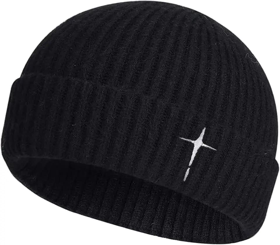 Men's Knitted Skull Cap Cross Embroidered Fisherman Beanie