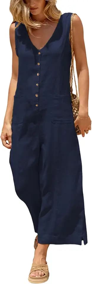 Yeokou Women Cotton Linen Overalls Wide Leg Rompers Button Down Jumpsuits