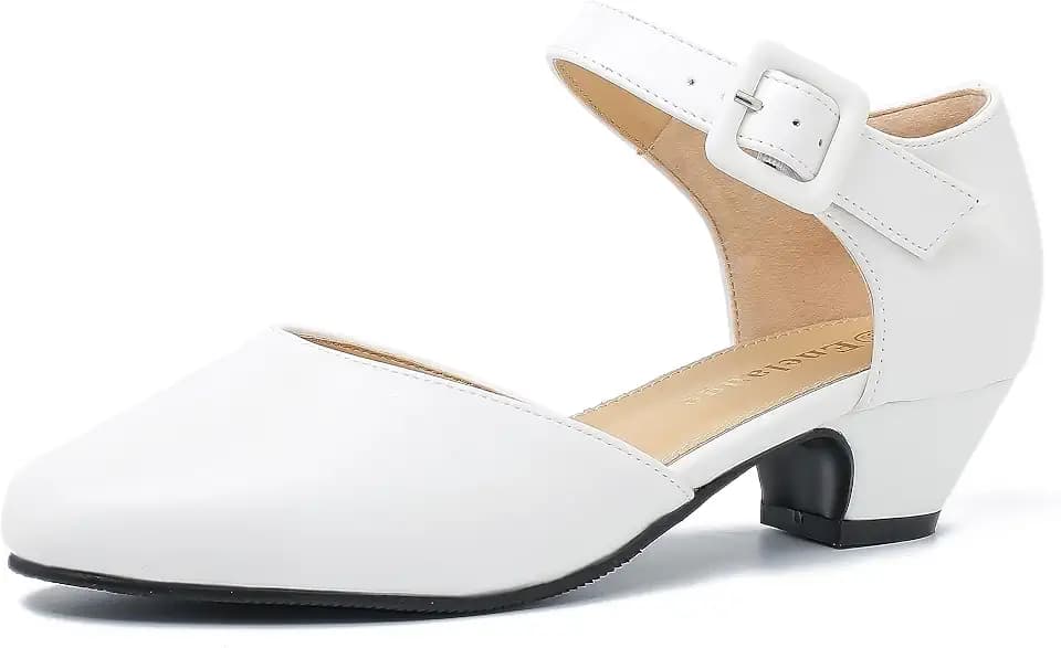Enelauge Women's Closed Toe Low Block Heels Ankle Buckle Strap D'Orsay Pumps Comfortable Chunky Heel Dress Work Church Shoes