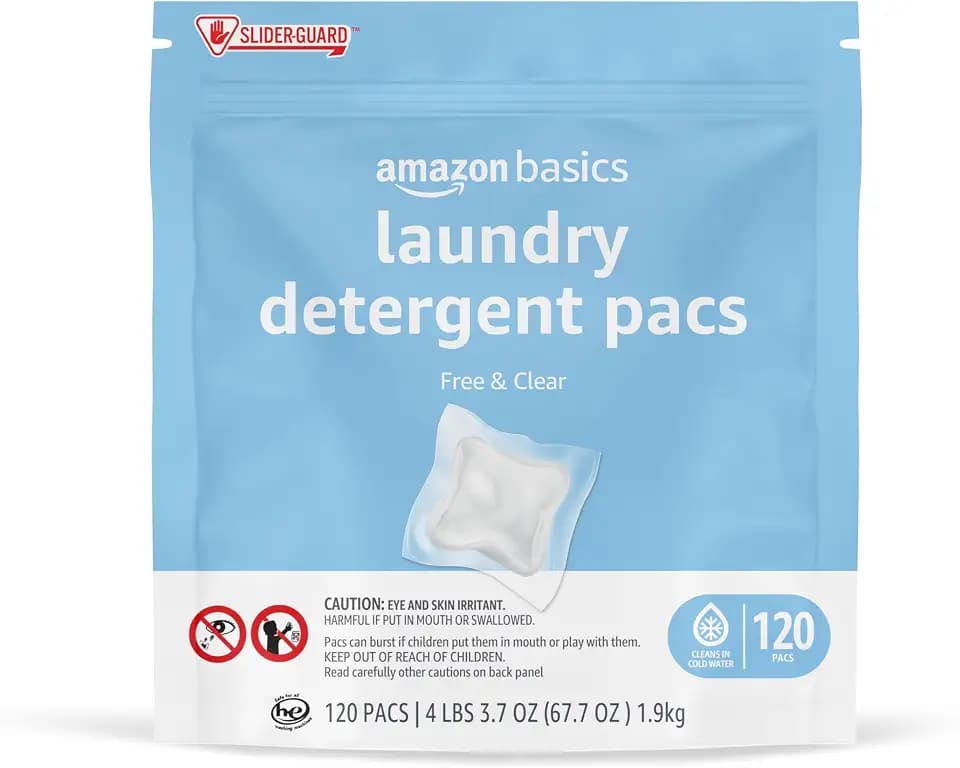 Amazon Basics Laundry Detergent Pacs, Free & Clear, Hypoallergenic, Fragrance Free, HE Compatible, Easy to Use, 120 Count (New Packaging)
