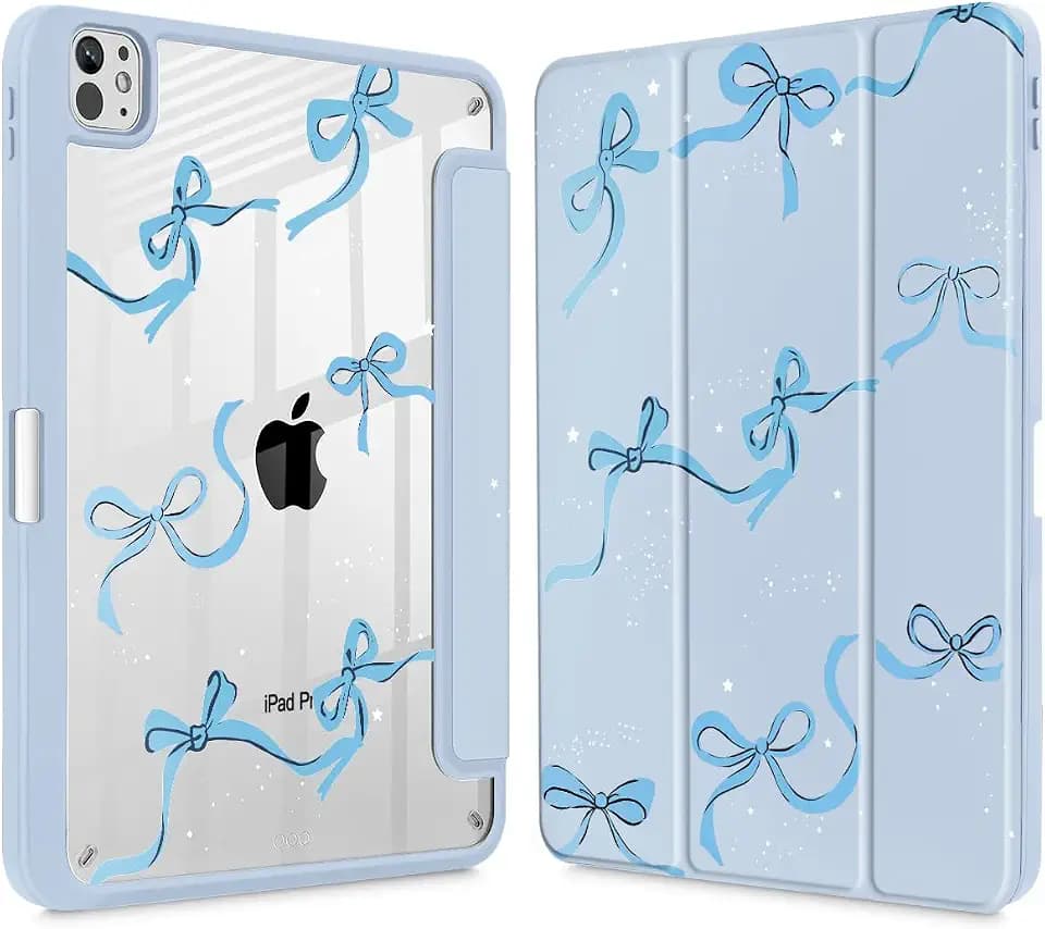 May Chen Case for iPad Pro 11-Inch M5/M4 2025/2024 (6th/5th Generation), Clear Transparent Print Back Shell Slim Stand Shockproof Tablet Cover, Auto Wake/Sleep, Bows Blue