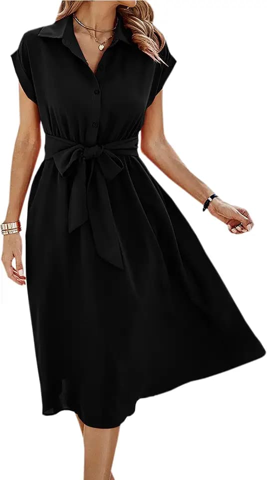 ECOWISH Womens Casual Midi Dresses Solid V Neck Short Sleeve Button Shirt Belted Dress with Pockets for Spring Summer 2026