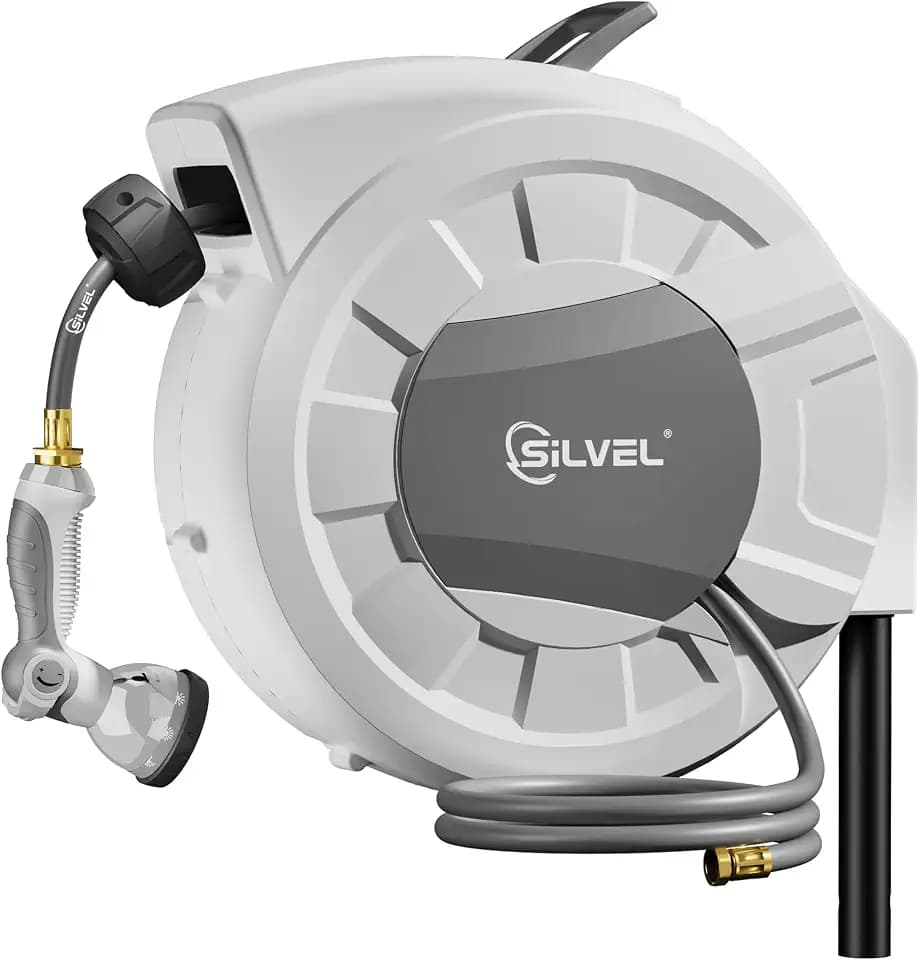SILVEL Automatic Retractable Garden Hose Reel on Metal Spike, 5/8 in x 65ft Ground Mounted Outside, UV Resistant with 10 Pattern Nozzle, 360° Swivel, No Holes in Your House, Easy Installation