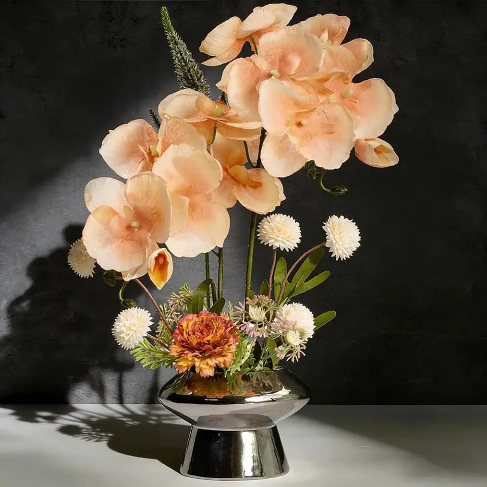 LESING Orchids Flowers Arrangement in Pot,Fake Silk Orchid Artificial Flower with Ceramic Vase Faux Orchid Flower Bonsai Vivid Phalaenopsis Flowers Potting Decoration (Silver Vase,Light Coffee)