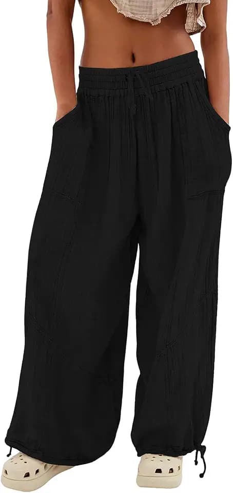 utcoco Womens Casual Loose Fit Wide Leg Cotton Pants Drawstring Stitching Baggy Pants Trousers with Pockets