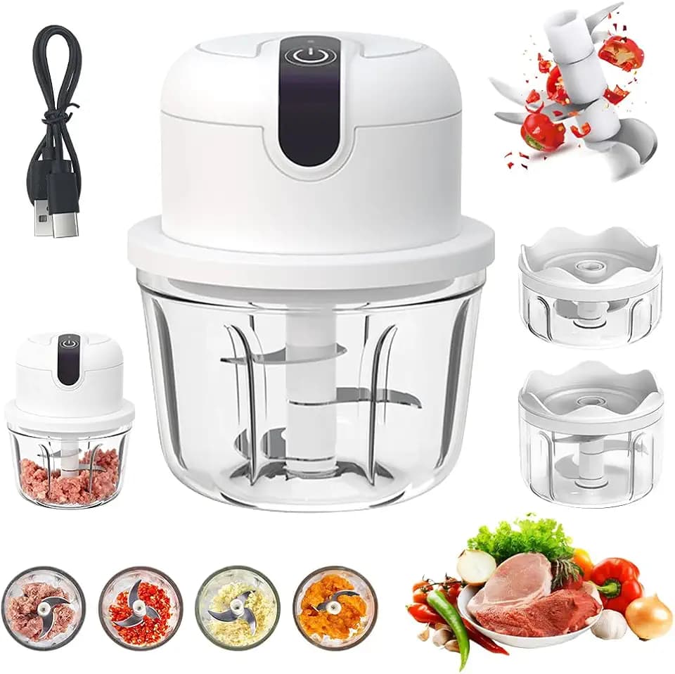 Klein Zwiebel Zerkleinerer Elektrisch, Elektrischer Küchenzerkleinerer, USB-Aufladung Kabelloser Mini Zwiebelzerkleinerer, Geeignet für Zwiebeln, Obst, Nüsse, Fleisch, Knoblauch (FP106S)