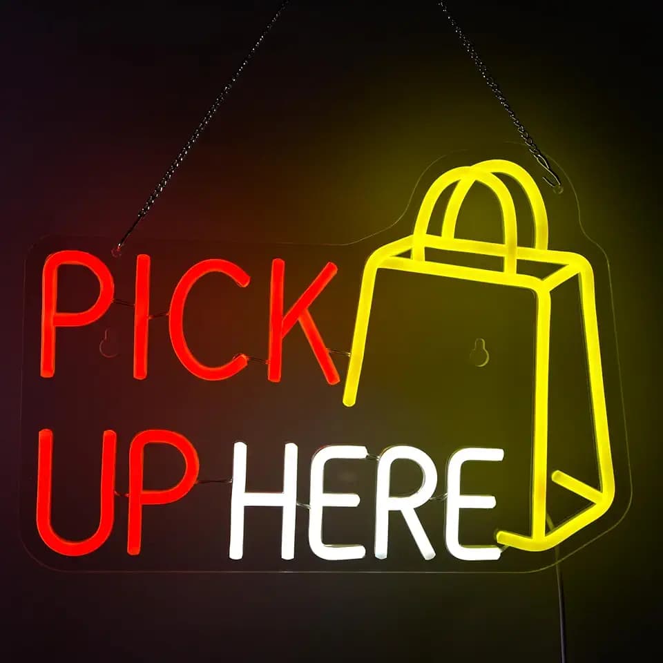 Pick Up Here Neon Sign - Dimmable LED Light Sign for Retail Business