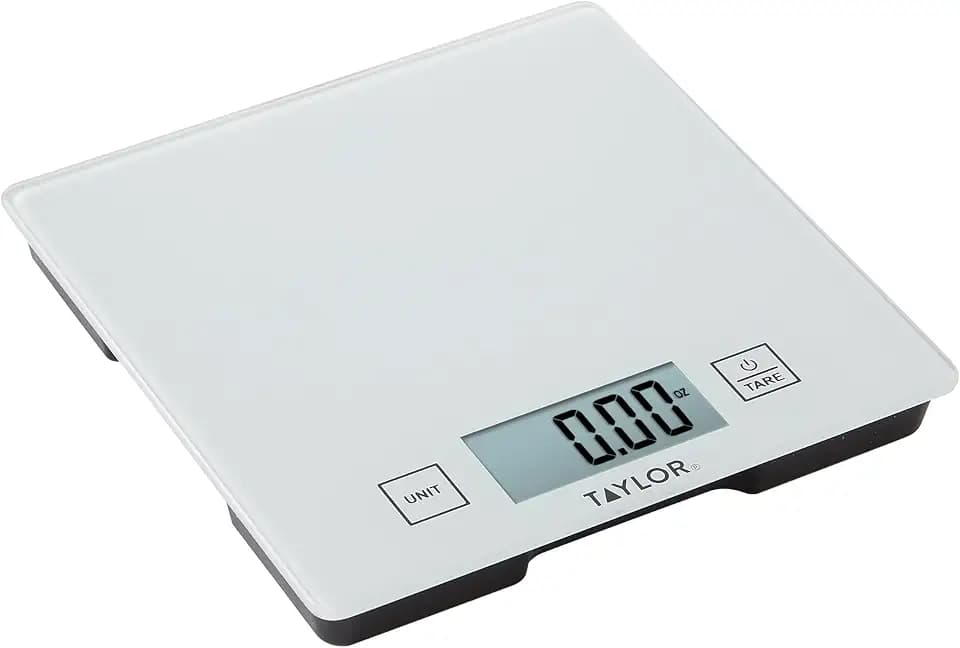 Taylor Compact Glass Kitchen Food Scale, 11 lb Capacity Digital Scale for Baking, Cooking, Meal Prep, Portion Control, Thin Lightweight Design, Easy-to-Read Display, White