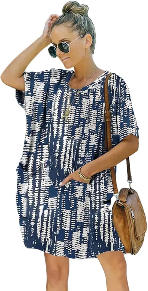 Women’s Casual Summer T Shirt Dress Elastic Loose Short Sleeve Dress with Pocket for Women