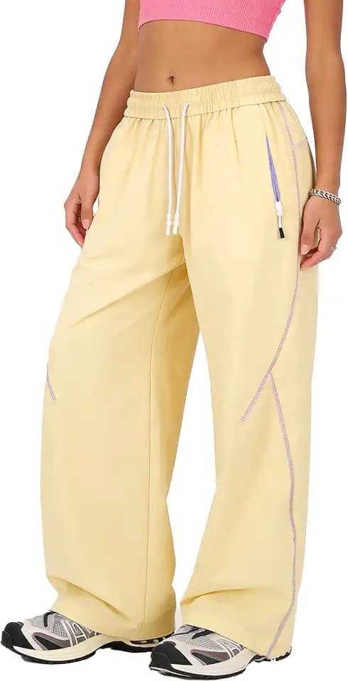 FEOYA Damen Baggy Parachute Hose Y2K Cargohose Hohe Taille Weites Bein Wasserfest Schnelltrocknend Outdoor Wanderhose mit Taschen