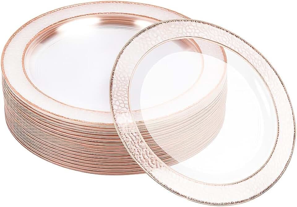 MATANA 20 Premium Transparente Plastikteller mit Roségoldenem Rand, 26cm - Mehrweg Kunststoffteller, Partyteller Gold für Hochzeiten, Geburtstage, Partys - Elegantes & Stabiles Partygeschirr