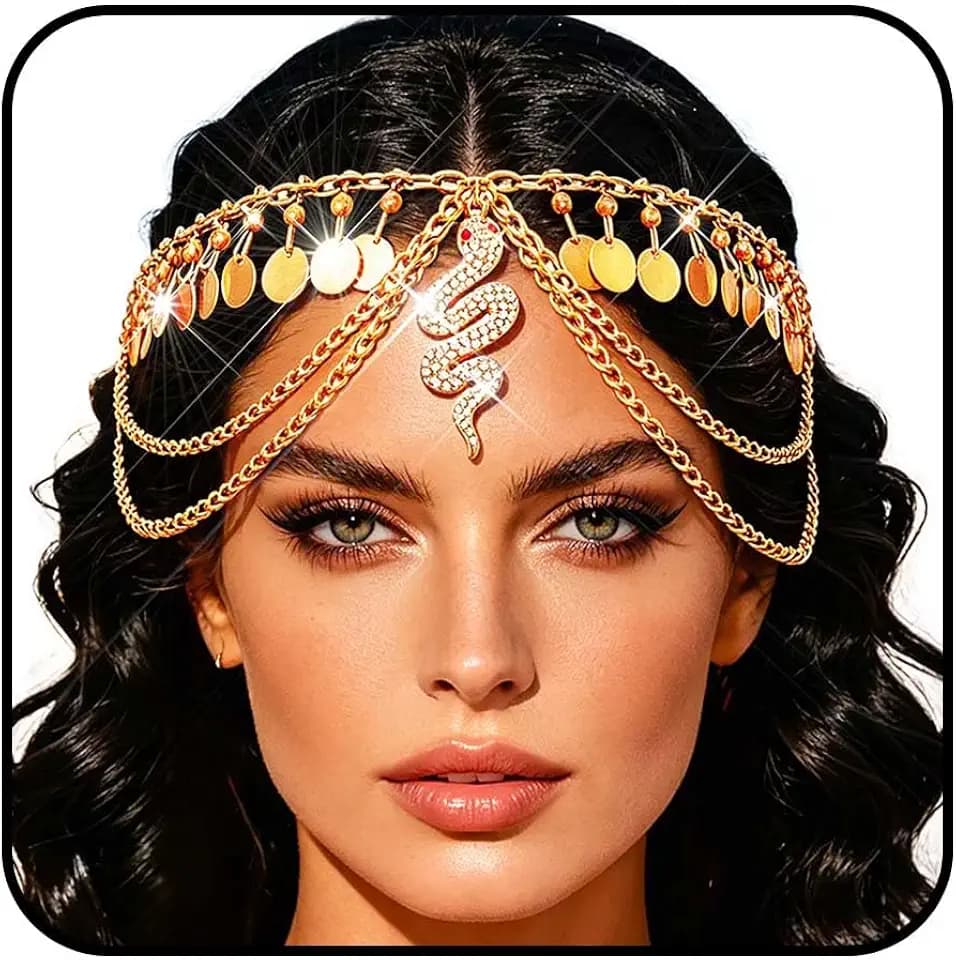 ACEDRE Egyptian Headpiece Gold Snake Head Chain for Women