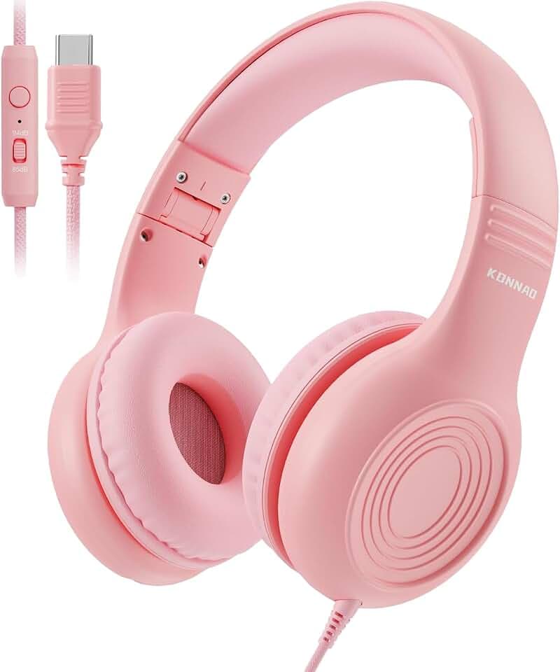 Upgrade USB Type C Kids Headphones, Wired Headphones for Kids with Microphone for Boys Girls, Adjustable 85dB/94dB Volume Limited (Pink)