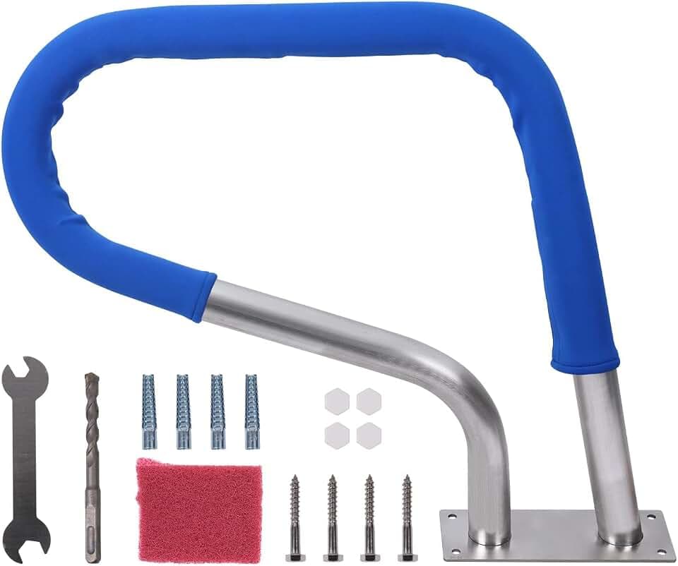 PioneerWorks 30"x22" Pool Handrail with 250LBs Load Capacity, 304 Stainless Steel Pool Rail, Silver Railing and Blue Grip Cover for Inground Swimming Pools - Complete Mounting Accessories Included