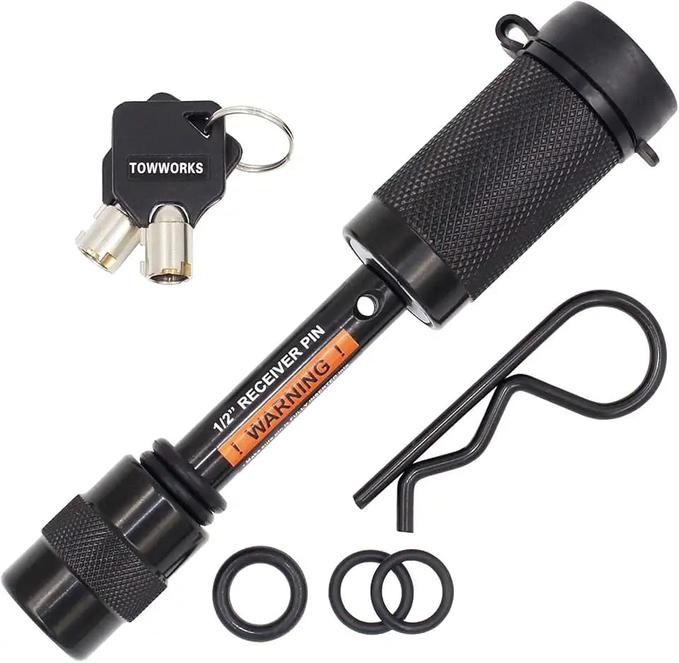 TowWorks 79655 Keyed Unique 1/2" Trailer Hitch Lock with Very Short 2" Span, Double Safety Tow Hitch Receiver Locking Pin for Class I II Hitches with 1-1/4" Receivers