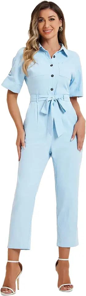 Allegra K Women's Short Sleeve Collared Coverall Tie Waist Cargo Jumpsuit
