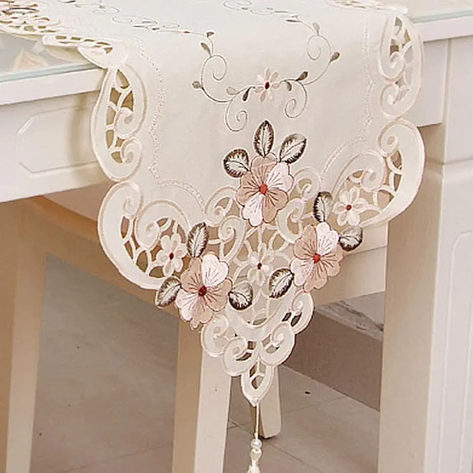 LeLehome 15" X 58" Classic Table Runner, Flower Embroidery Vintage Lace Cream Beige Polyester Fabric Dresser Scarves