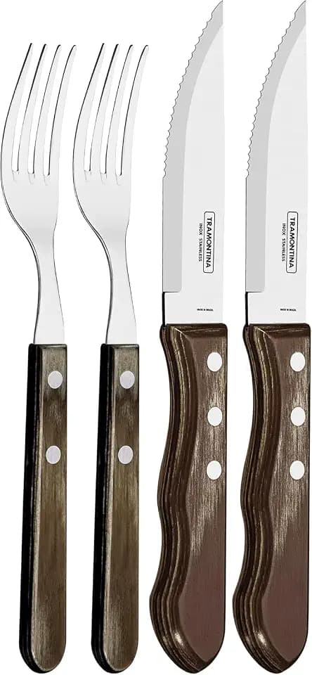 Tramontina Jumbo Steakbesteck, Set 4-teilig, mit 2 Steakmessern und 2 Steakgabeln, Edelstahl, Holzgriff, FSC