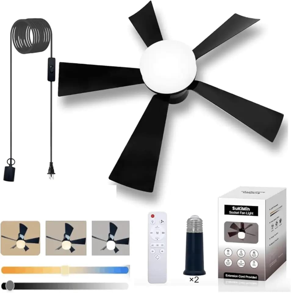 Socket Fan Light, 20.5", Plug in Ceiling Fan, Gazebo Fan, Outdoor/Indoor 2 Versions, 16.4 Ft Cord with Hook UL Listed, Ceiling Light with Remote (black)