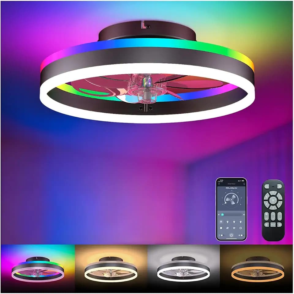 RGB Ceiling Fan with Lights, Low Profile Ceiling Fans with Lights and Remote, Flush Mount LED Fan Light, Modern Bladeless Fandelier for Bedroom Works with APP, 16IN Black