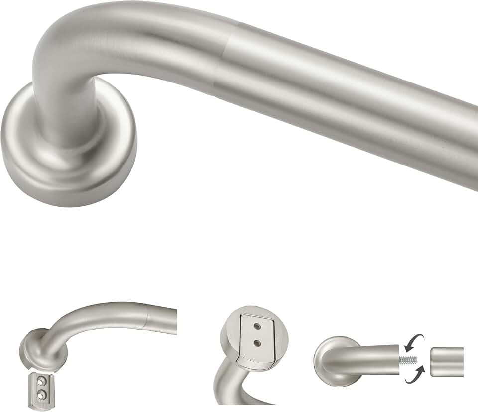 Brushed Nickel Curtain Rods for Windows 48-88",1 Inch Disc Wrap Around Curtain Rod with Aluminum Finials and Brackets,No Screw Disassembly Adjustable Blackout Curved Room Darkening Curtain Rod
