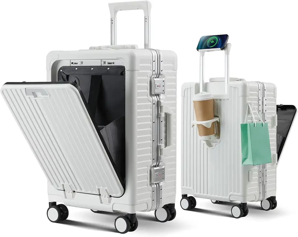 Carry on Luggage Aluminium Frame with Cup Holder,Top opening Suitcases and USB Charging Port,Lightweight with Front Pocket Rolling Suitcases with Spinner Wheels (Beige, 20Inch)
