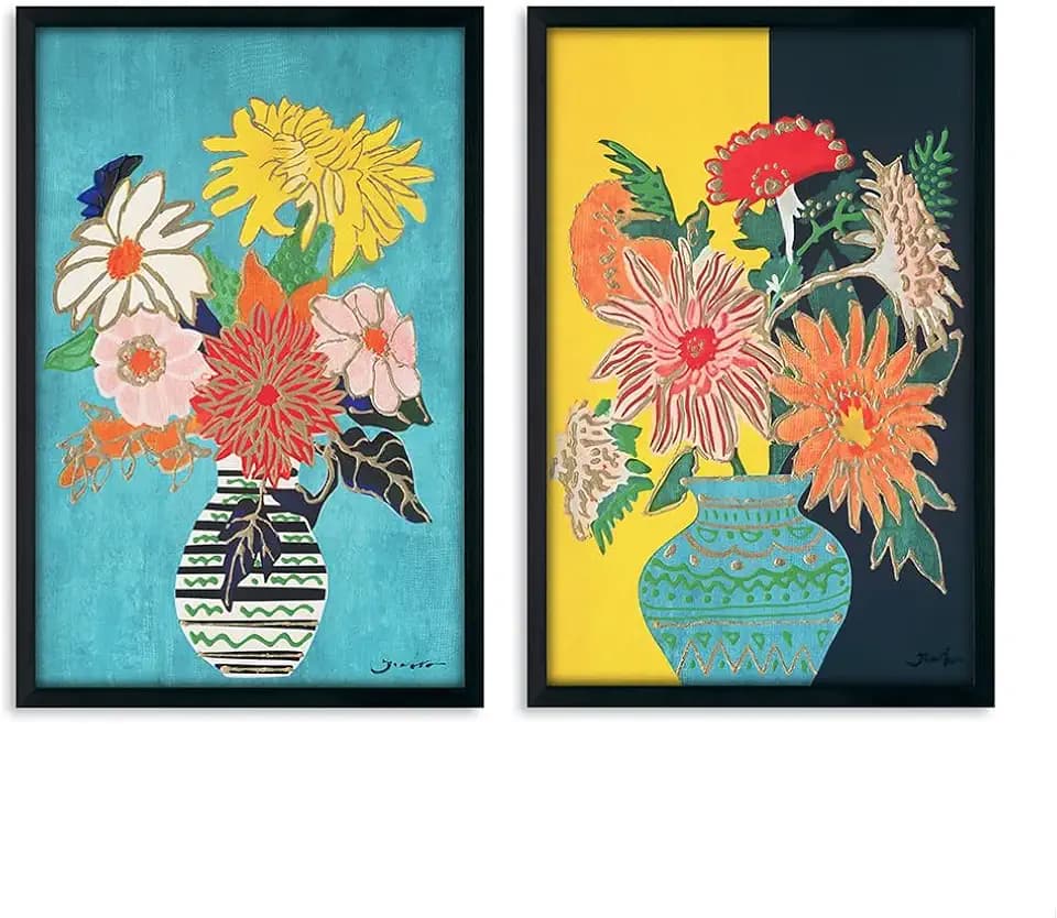 Yidepot Yellow Black Flowers Wall Decor - Vase Flower Boho Vintage Flower Pictures Fake Black Frame Colorful Art Work for Bedroom Walls 16"x24"x2 -black wood frame