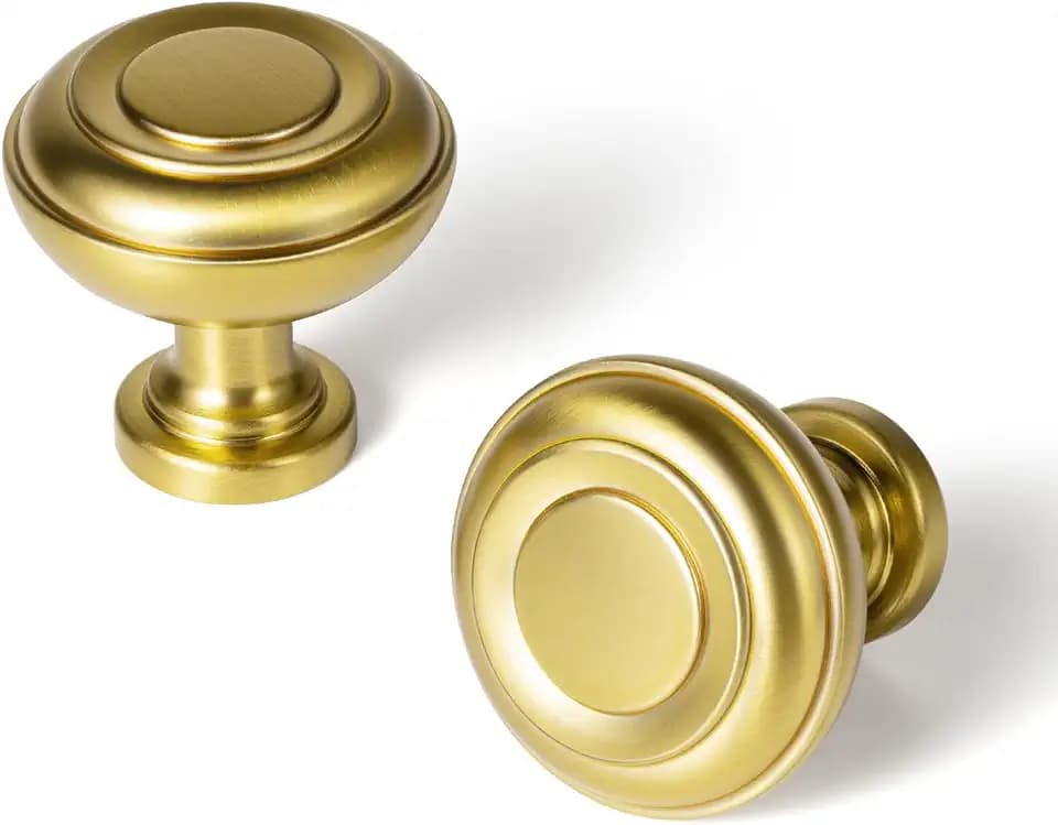 Goo-Ki 6 Pack Brushed Gold Cabinet Knobs with Multi-Ring Accents​ - Modern Orbital Design Recessed Center & Brushed Finish